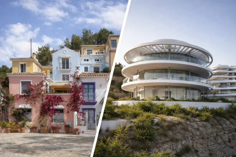 An image comparing the colourful townhouses in La Heredia and the modern The View apartments in Alborada. 2 of the best areas in Benahavis property collections