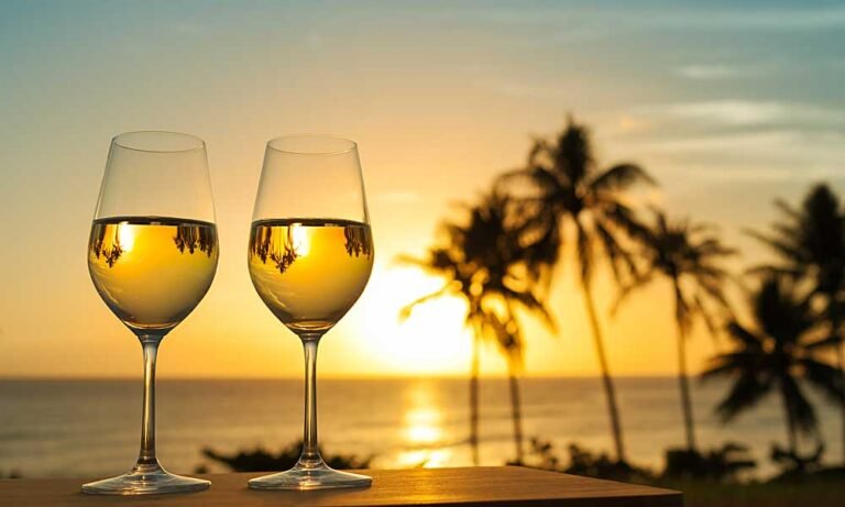 white wine from Malaga by the beach as the sun sets - Málaga province wines