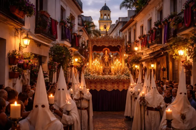 Semana Santa procession moving through Marbella old town during Easter week. Easter Costa del Sol 2026