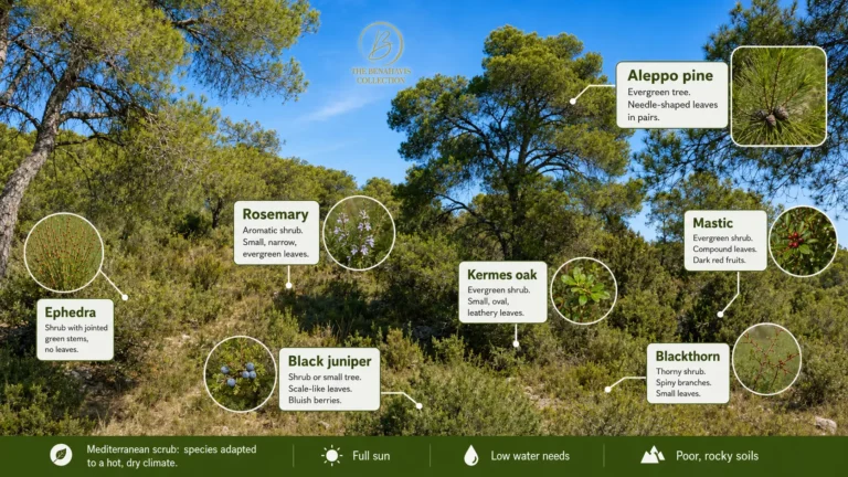 Illustrated guide to Mediterranean plants linked to hay fever in Benahavís, including Aleppo pine, rosemary, mastic and black juniper.